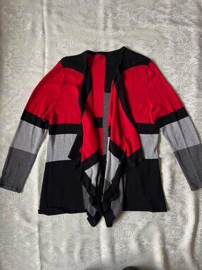 Tanjay Petite Colorblock Drape Front Open Cardigan Sweater Size PM Red Black